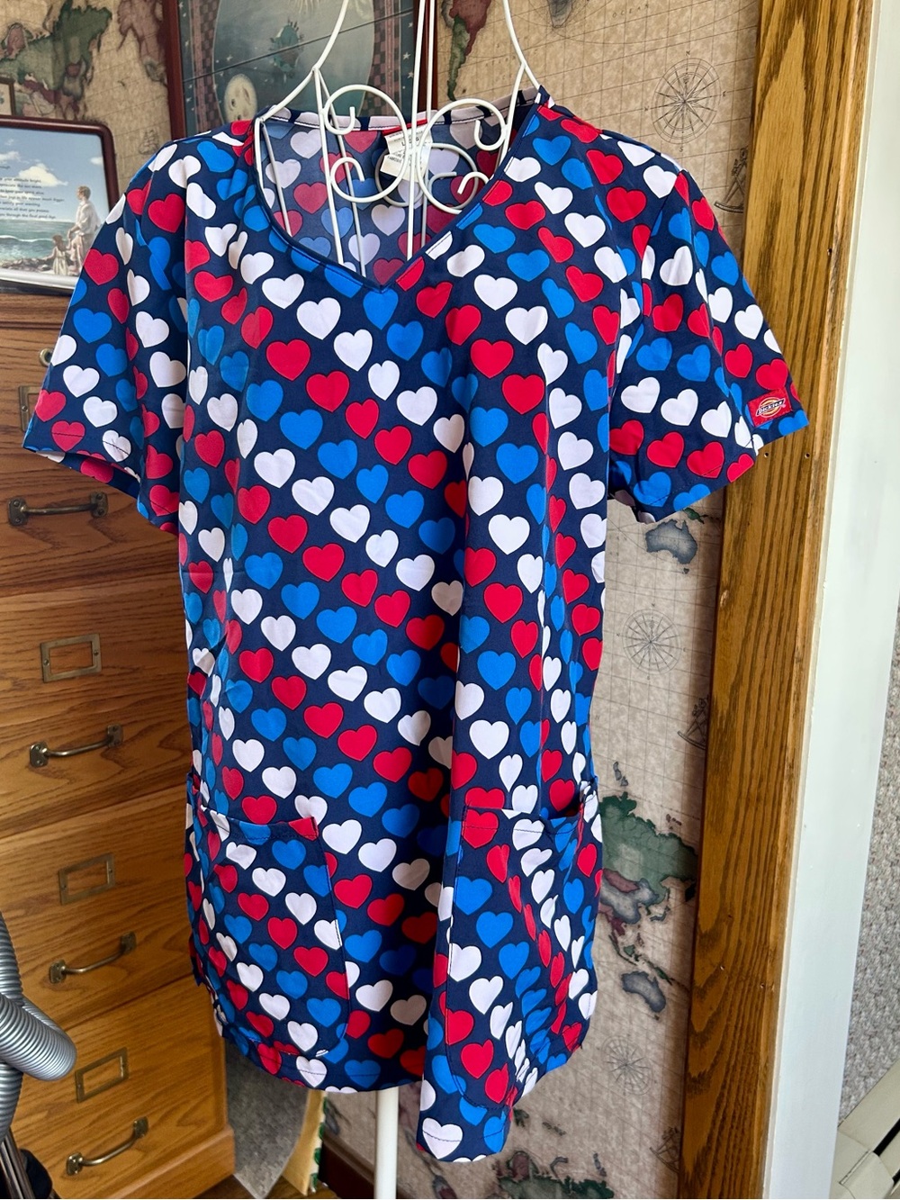 Dickies Red, White & Blue Americana Hearts Scrub Top
